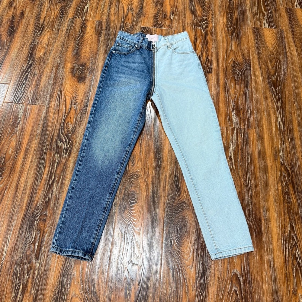 Revice Denim Two Tone Split Zip Leg High Rise Straight Jeans Blue Sz 26 Yin Yang